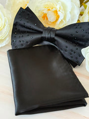 Black Rhinestone Bow Tie & Pocket Square Set