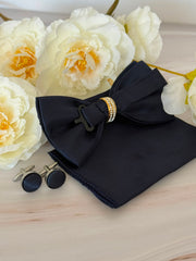 Navy Blue Bow Tie Set with Crystal Ring