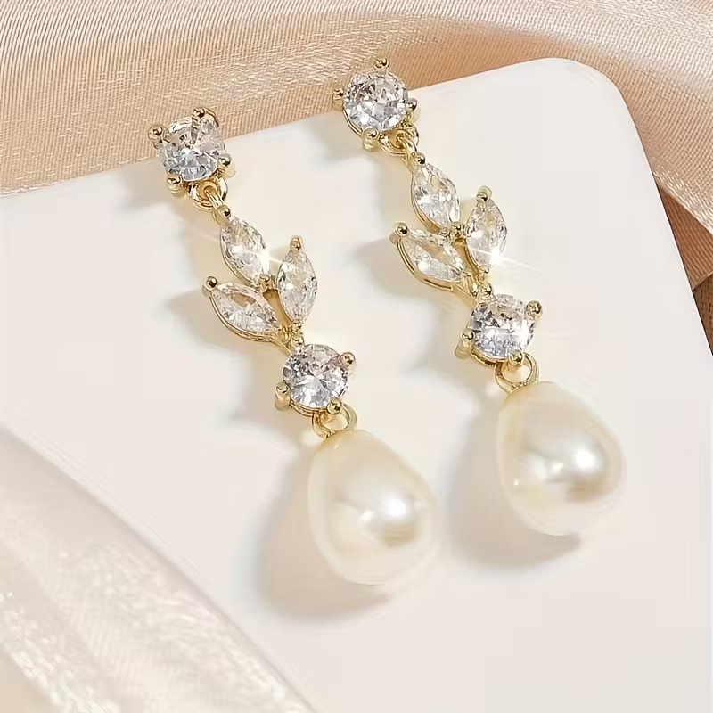 Pearl Drop Earrings with Crystal Accents – Gold Tone