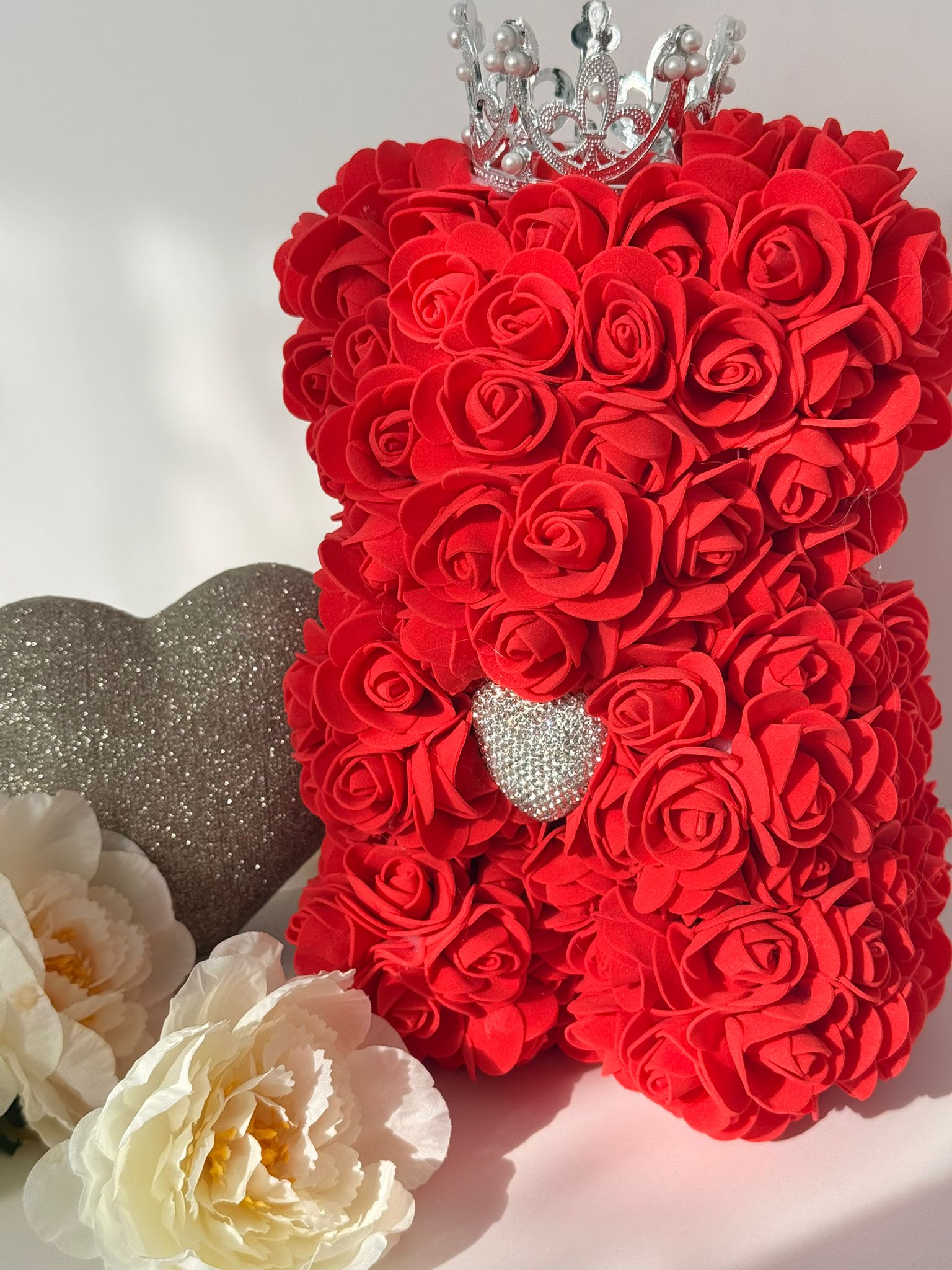 Red Rose Teddy Bear with Crown & Crystal Heart