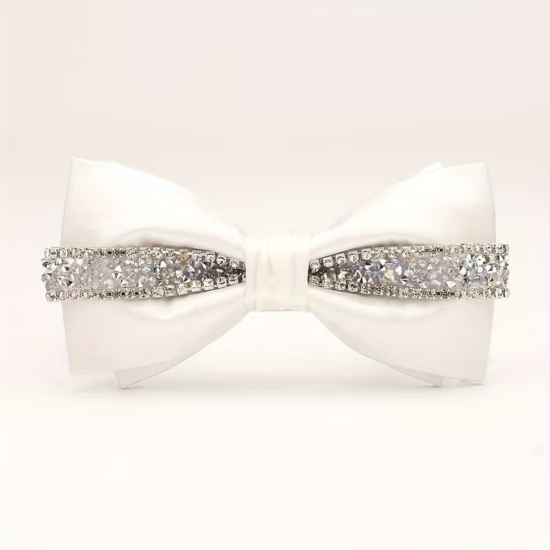 Luxury White Satin Rhinestone Bow Tie