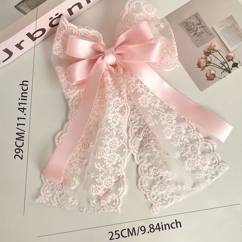 Large Pink Dovetail Lace Bow with Satin Ribbon