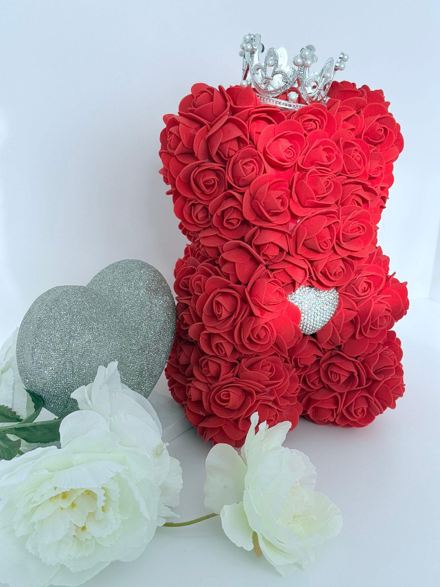 Red Rose Teddy Bear with Crown & Crystal Heart