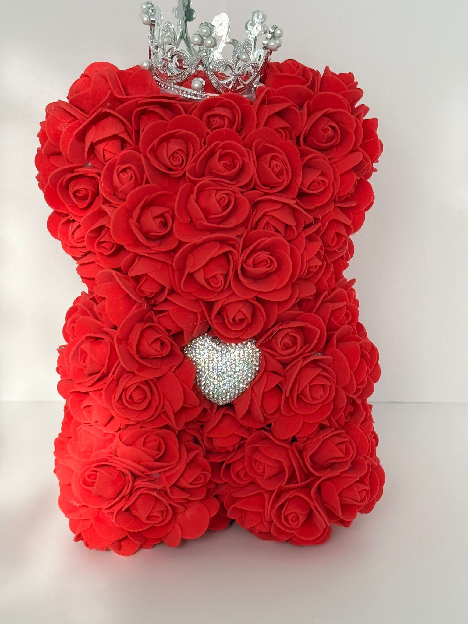 Red Rose Teddy Bear with Crown & Crystal Heart