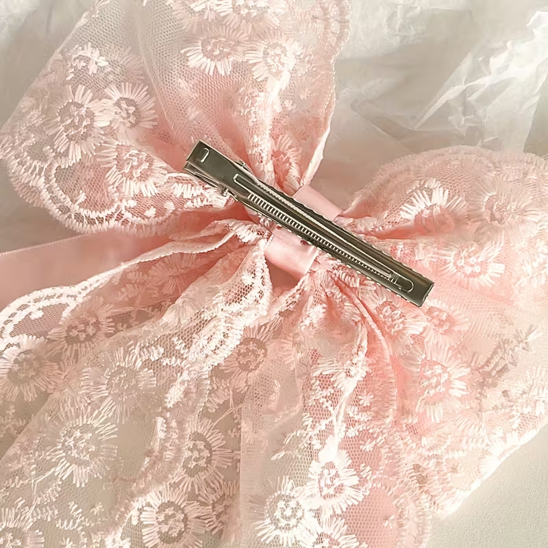 Large Pink Dovetail Lace Bow with Satin Ribbon