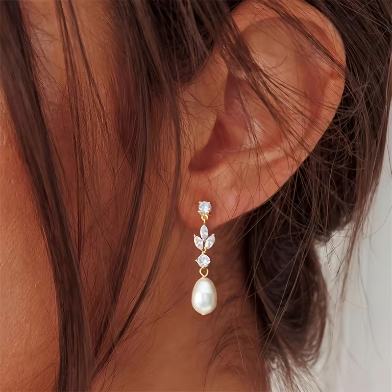 Pearl Drop Earrings with Crystal Accents – Gold Tone
