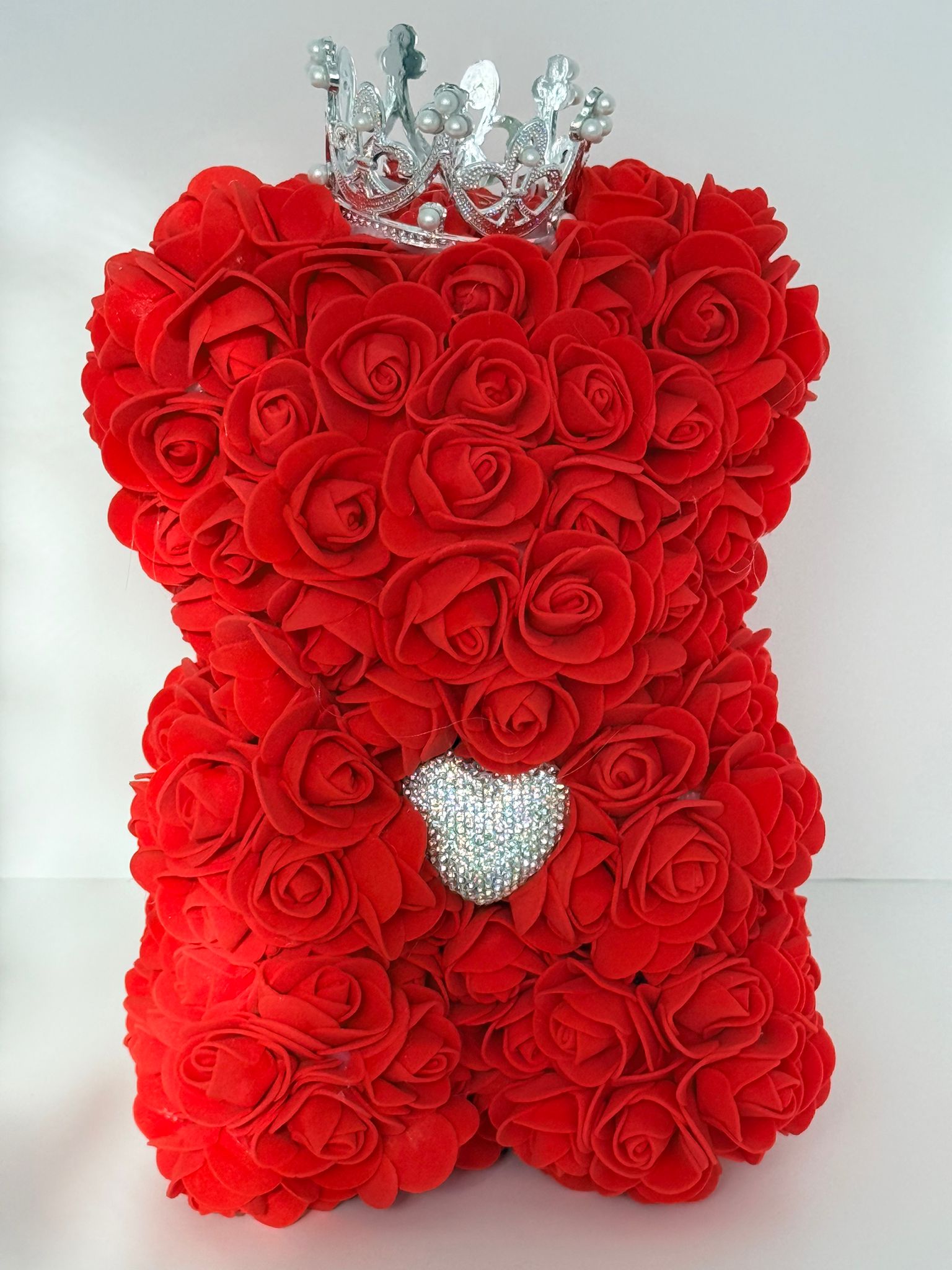 Red Rose Teddy Bear with Crown & Crystal Heart