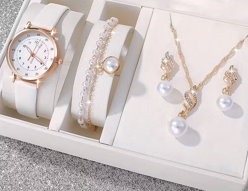 Luxury Watch & Pearl Jewelry Gift Set (4-Piece Bundle)