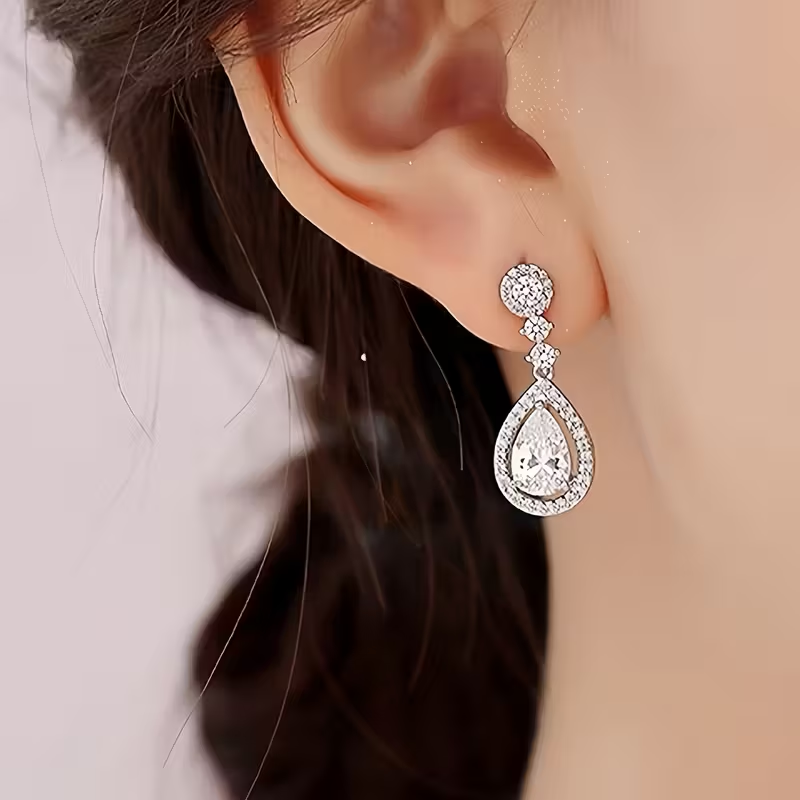Elegant Crystal Teardrop Earrings – Silver Halo Drop Design