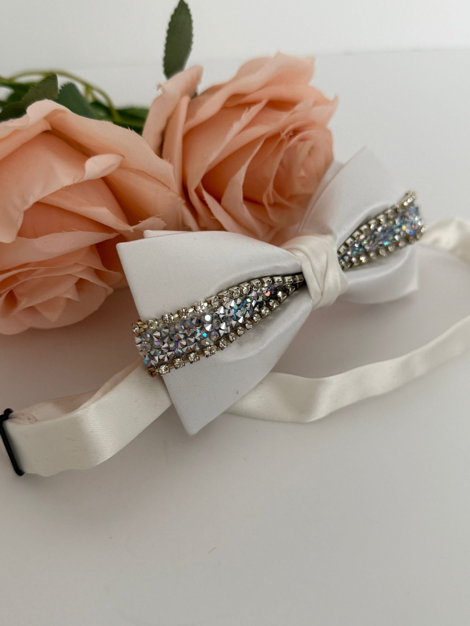 Luxury White Satin Rhinestone Bow Tie