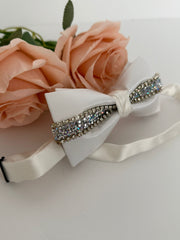 Luxury White Satin Rhinestone Bow Tie
