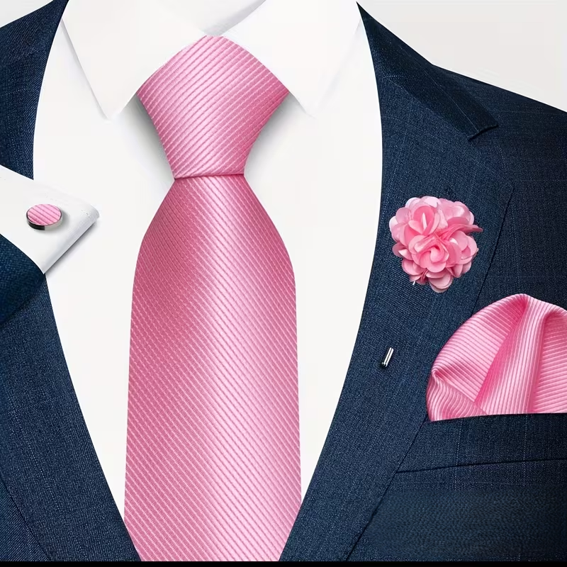 Men’s  Pink Satin Tie Set with Pocket Square, Lapel Flower & Cufflinks