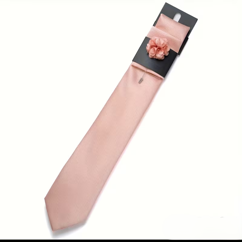 Men’s Champagne Blush Satin Tie Set with Lapel Flower & Tie Pin