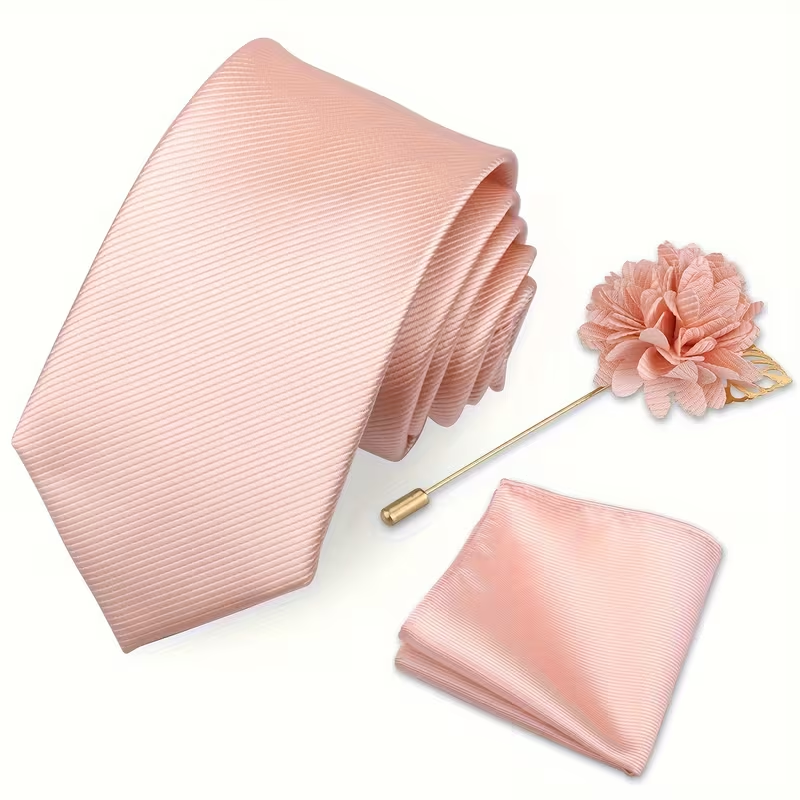 Men’s Champagne Satin Tie Set with Pocket Square & Lapel Flower