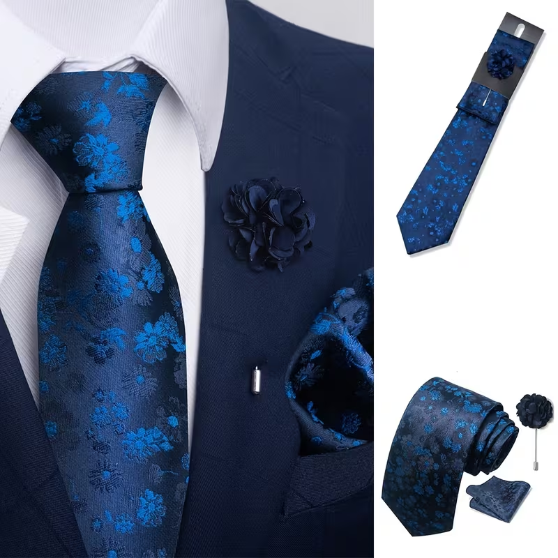 Men’s Navy Blue Floral Tie Set with Pocket Square, Lapel Flower & Tie Pin – Luxury Patterned Formal Accessories