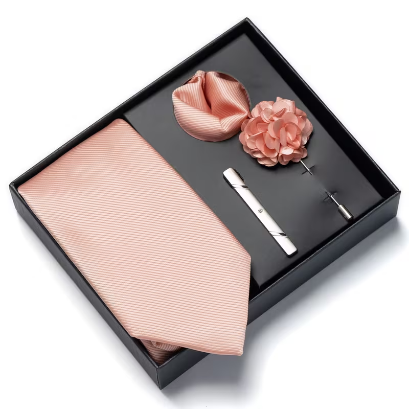 Men’s Blush Pink Satin Tie Gift Set with Pocket Square, Lapel Flower & Tie Clip