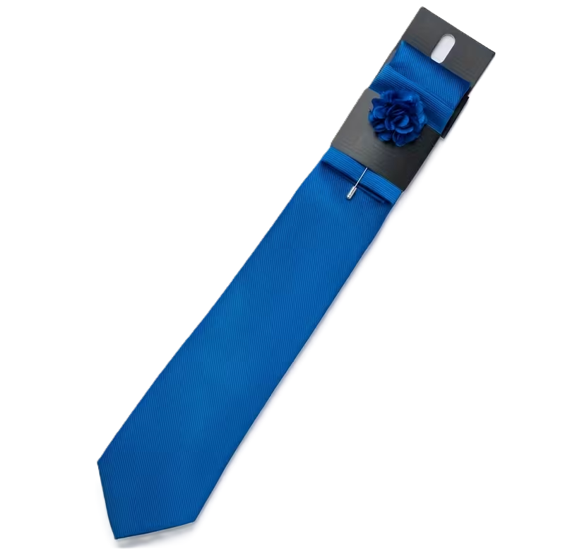 Men’s Royal Blue Satin Tie Set with Lapel Flower & Tie Pin