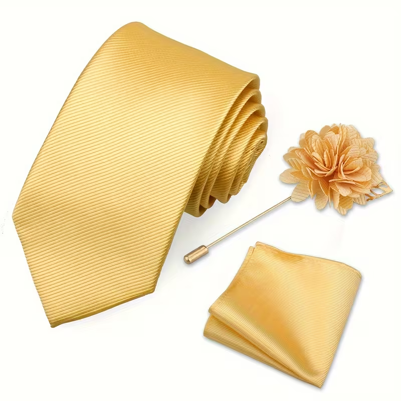 Men’s Yellow Satin Tie Set with Pocket Square & Lapel Flower