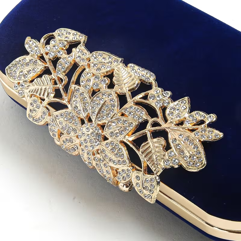 Navy Blue Velvet Crystal Evening Clutch with Gold Floral Detail