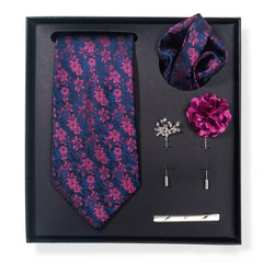 Navy Pink Floral Necktie with Accessories