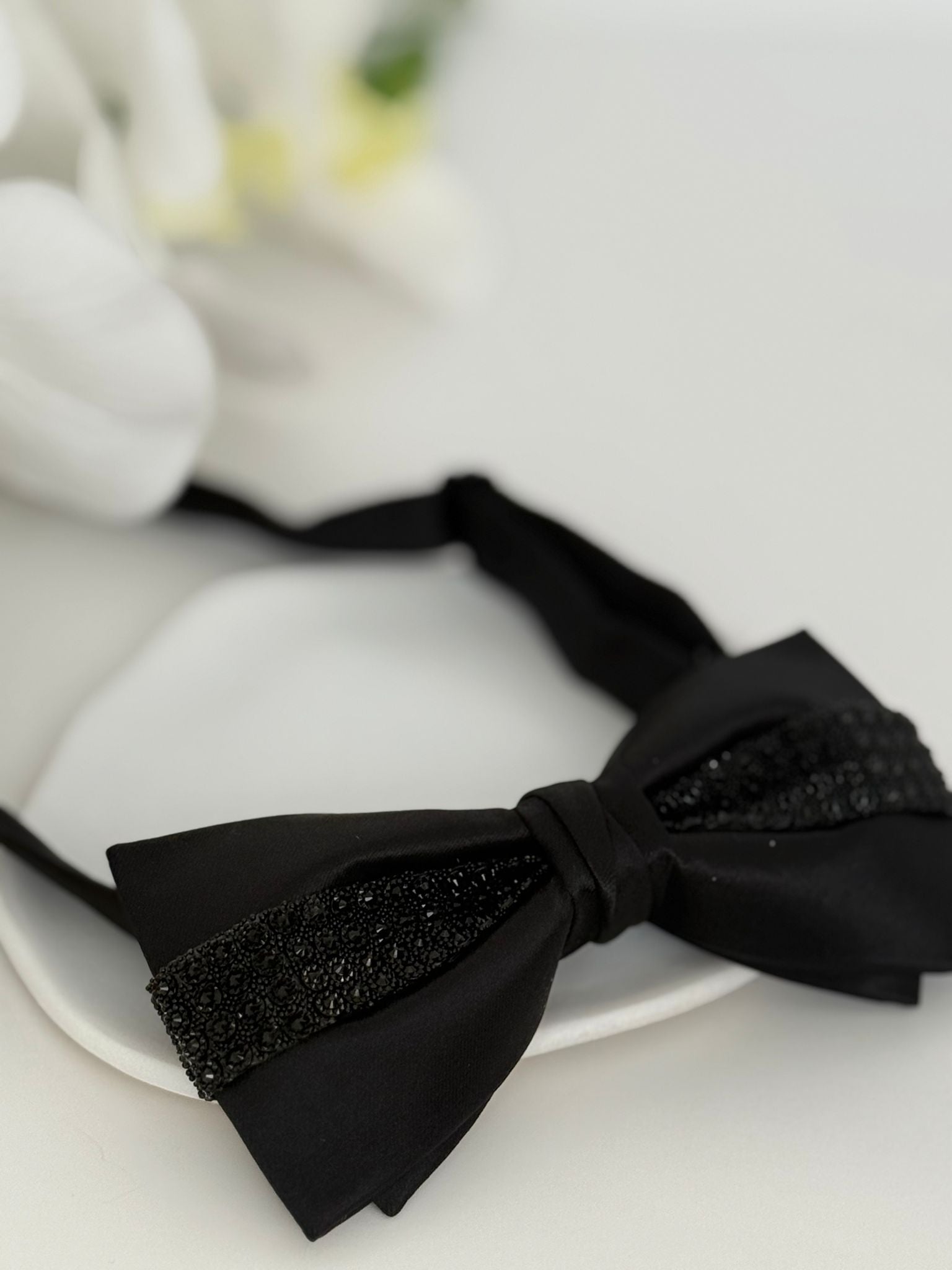 Luxury Black Satin Rhinestone Bow Tie