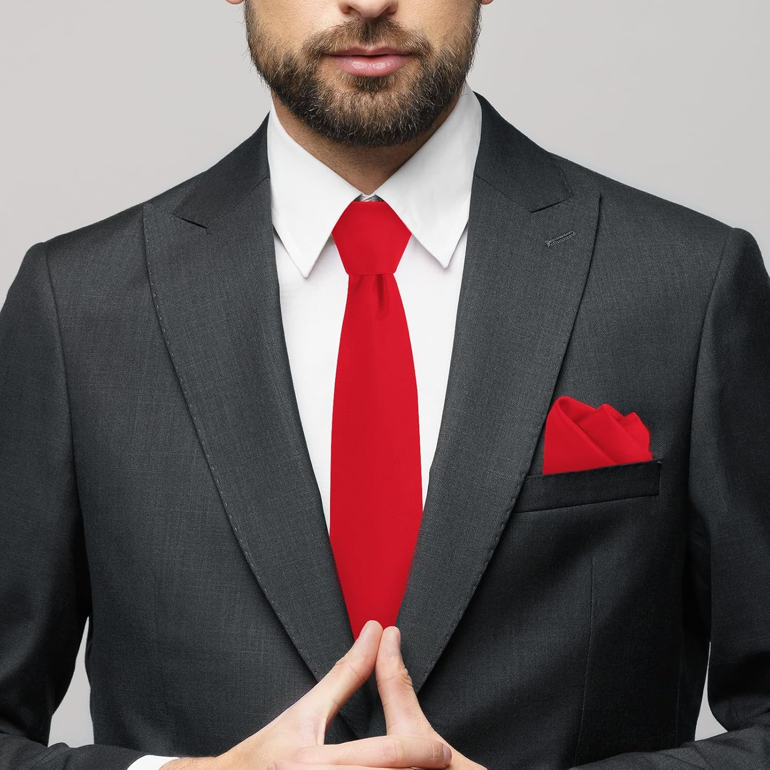 Men’s Red Satin Tie Set with Pocket Square & Rose Lapel Pin