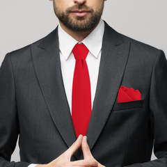 Men’s Red Satin Tie Set with Pocket Square & Rose Lapel Pin