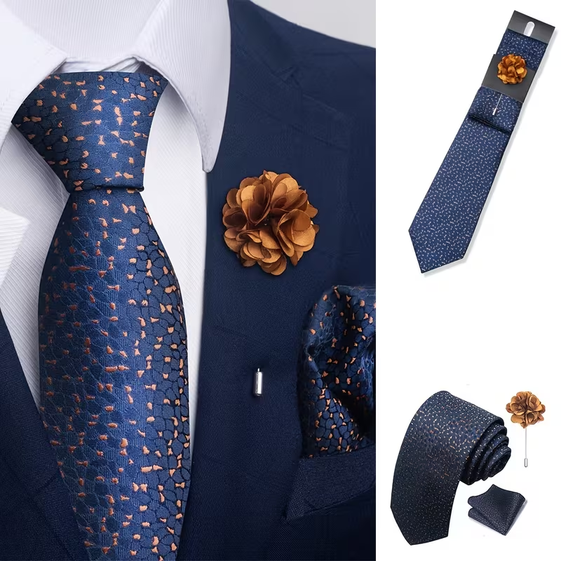 Men’s Navy Patterned Tie Set with Pocket Square & Lapel Flower
