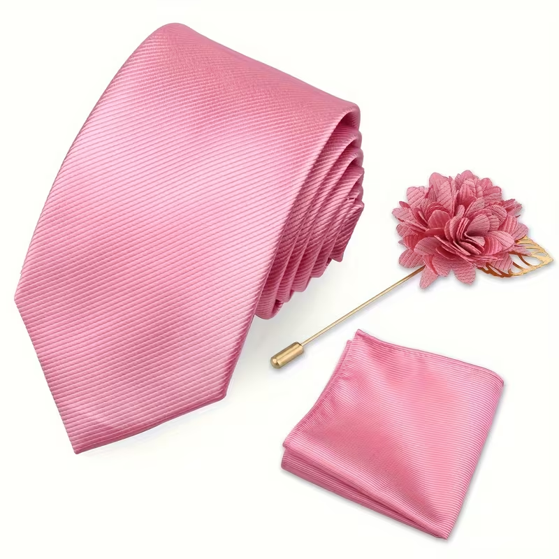 Men’s Pink Satin Tie Set with Pocket Square & Lapel Flower
