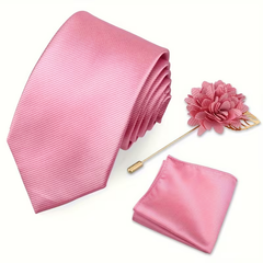 Men’s Pink Satin Tie Set with Pocket Square & Lapel Flower