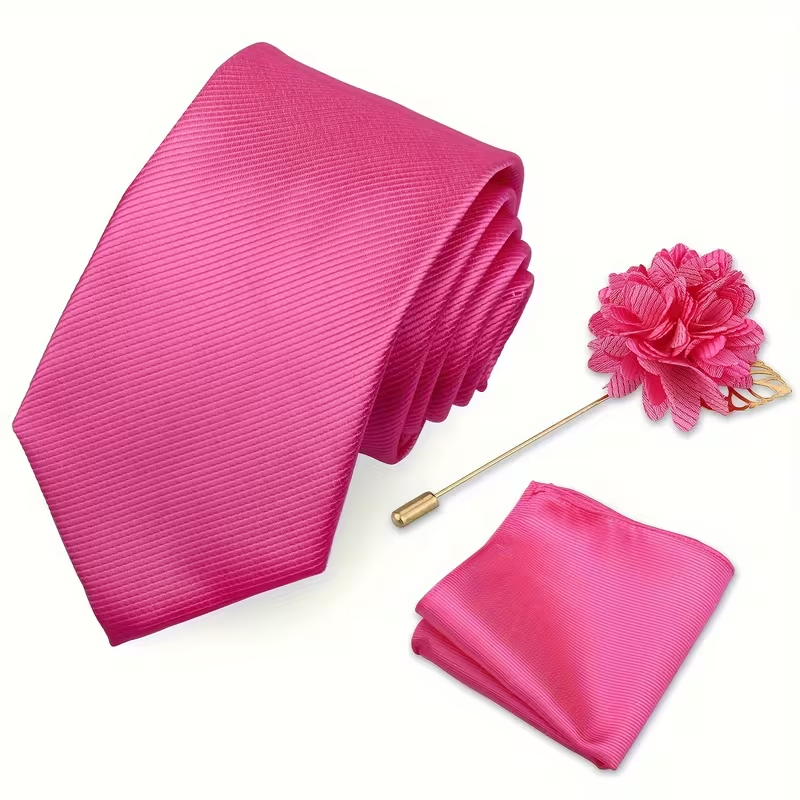 Men’s Hot Pink Satin Tie Set with Pocket Square & Lapel Flower
