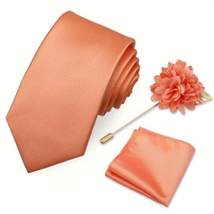 Men’s Coral Satin Tie Set with Pocket Square & Lapel Flower