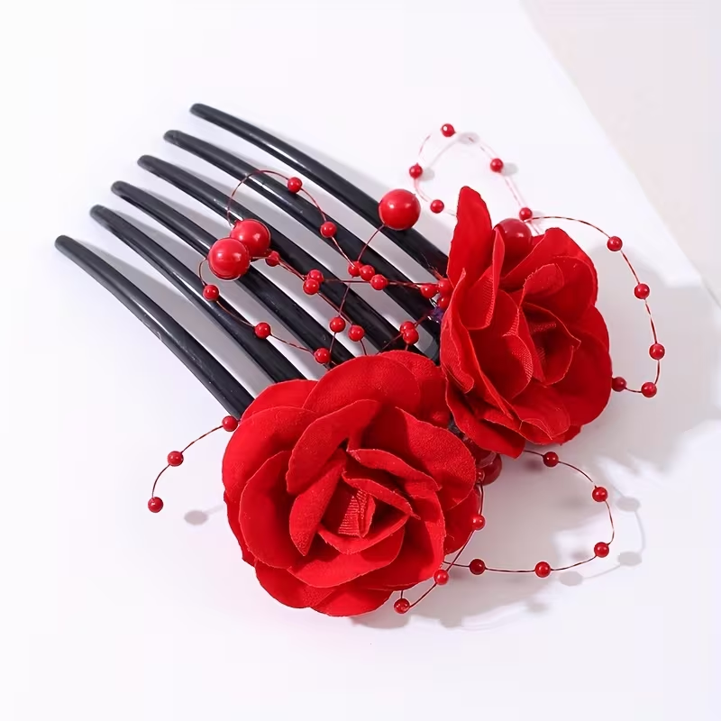 Red Rose Floral Hair Comb with Decorative Pearl Accents