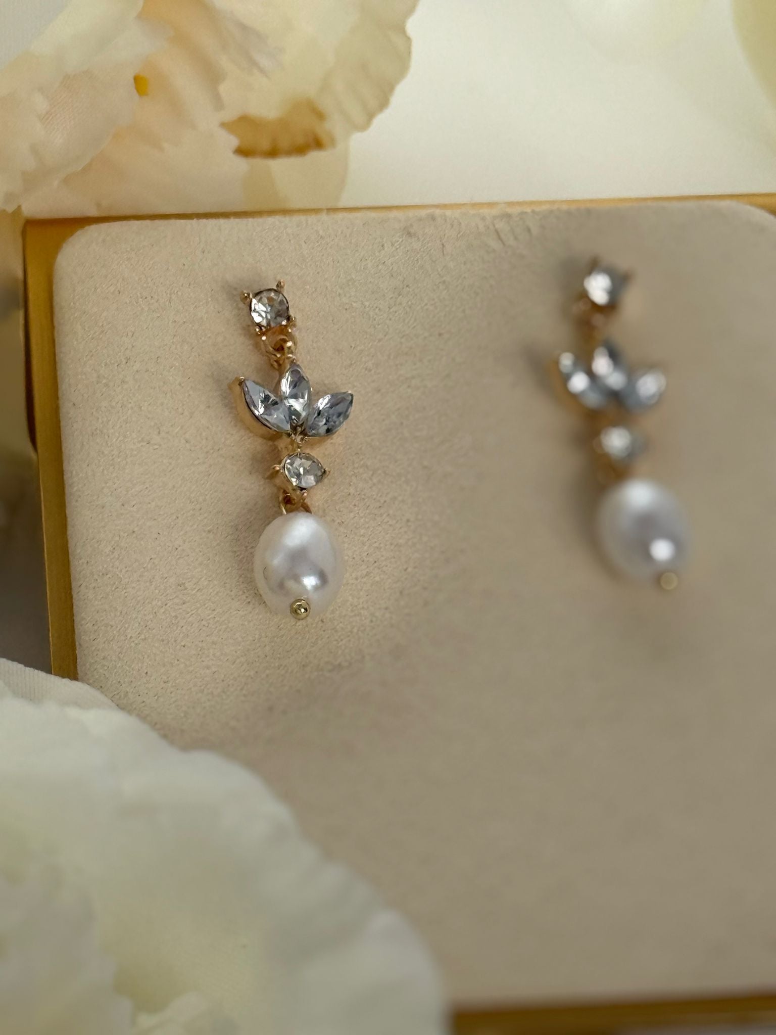 Pearl Drop Earrings with Crystal Accents – Gold Tone