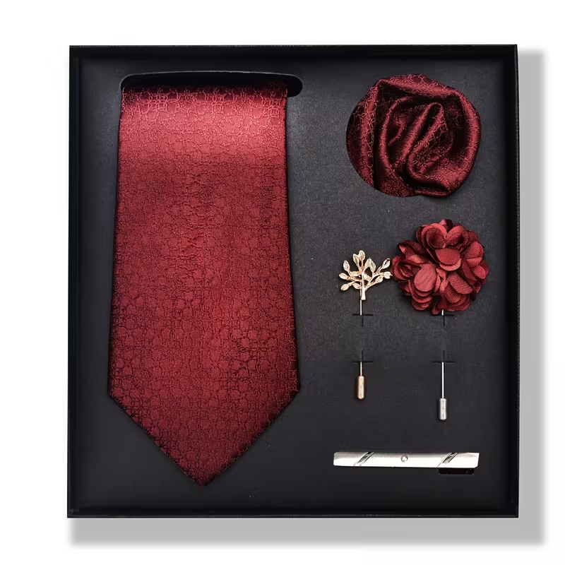 Burgundy Luxury Tie Gift Set – Necktie, Pocket Square, Lapel Pin & Tie Clip