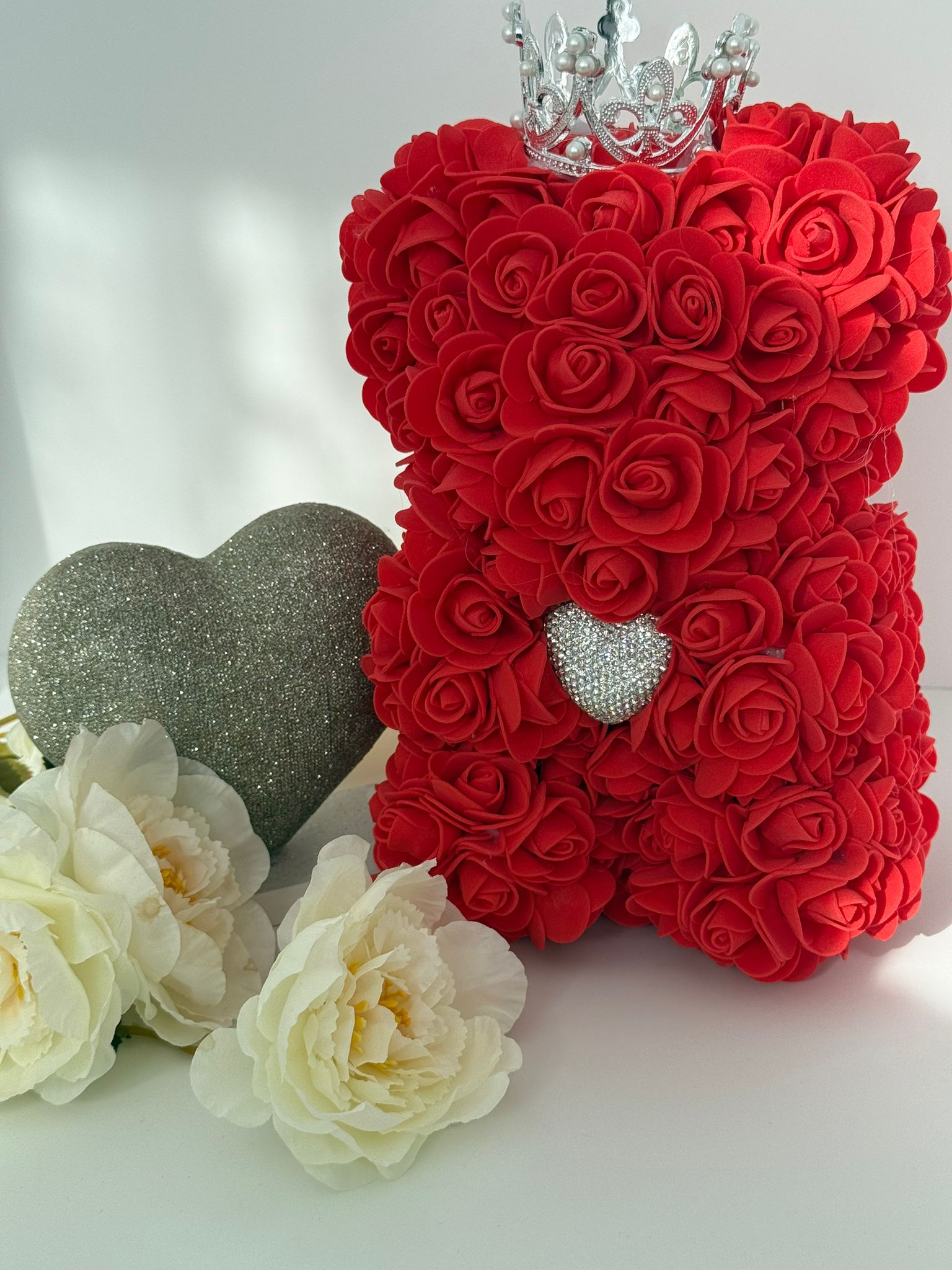 Red Rose Teddy Bear with Crown & Crystal Heart
