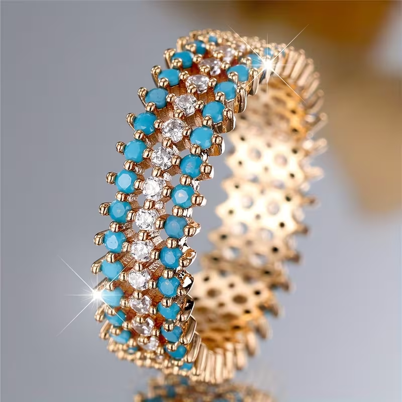 Gold Tone Crystal & Turquoise Fashion Ring