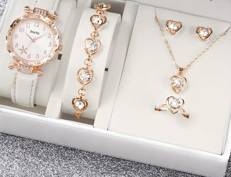 Romantic Heart Watch & Jewelry Gift Set (4-Piece Bundle)
