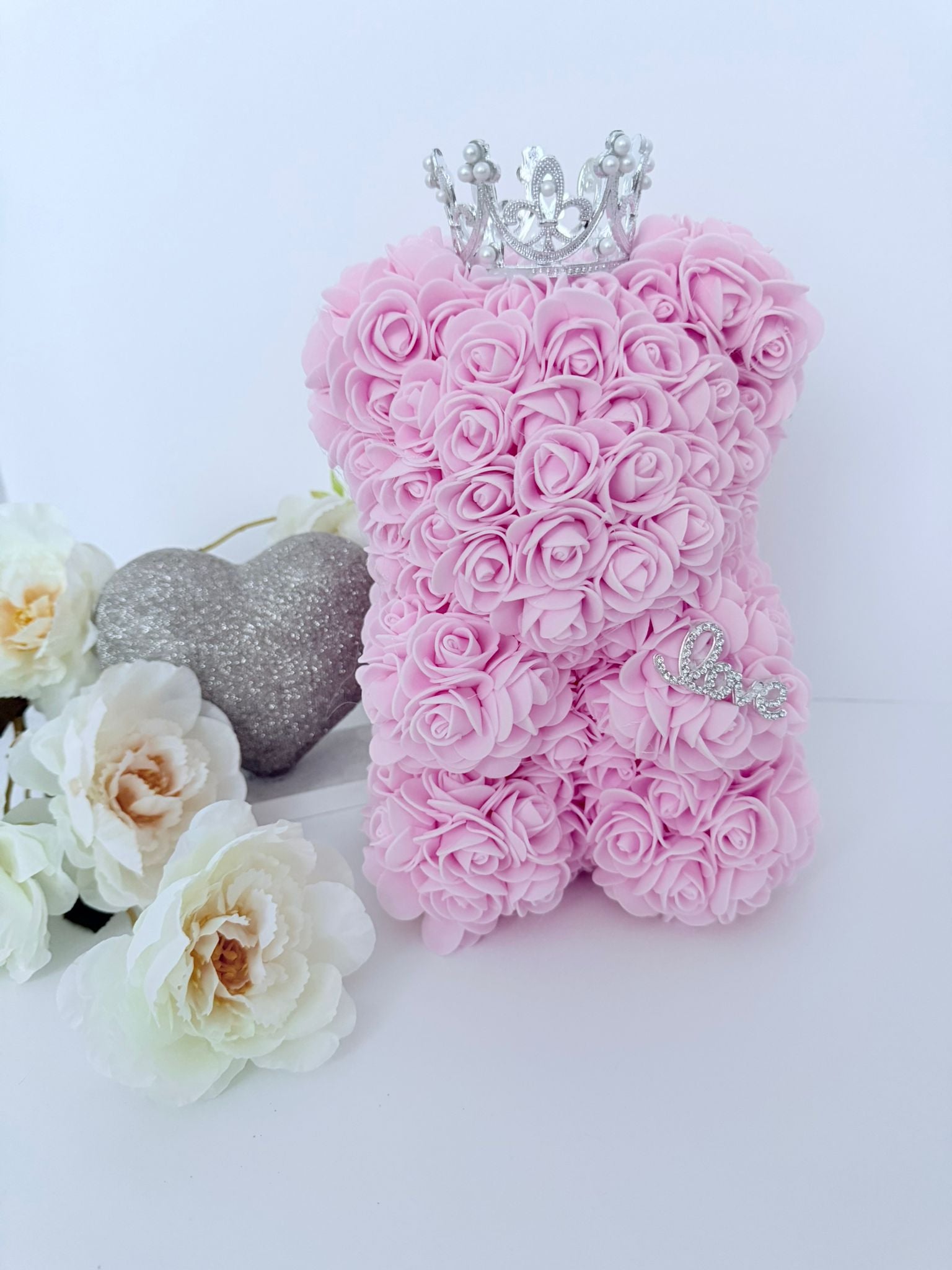 Red Rose Teddy Bear with Crown & Crystal Heart