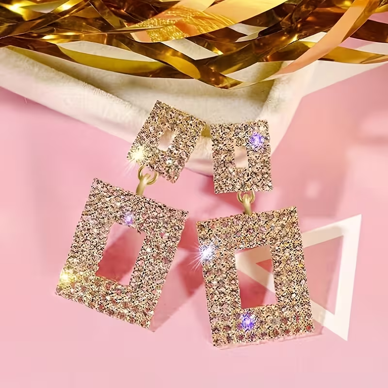 Geometric Crystal Square Drop Earrings