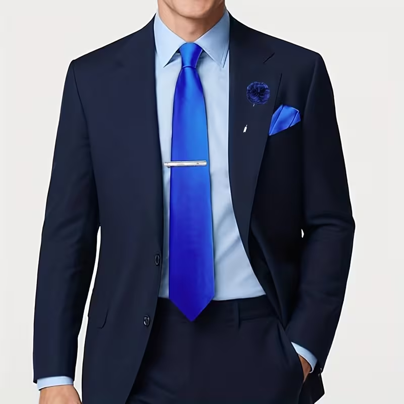 Men’s Royal Blue Tie Set with Tie Clip, Pocket Square & Lapel Flower