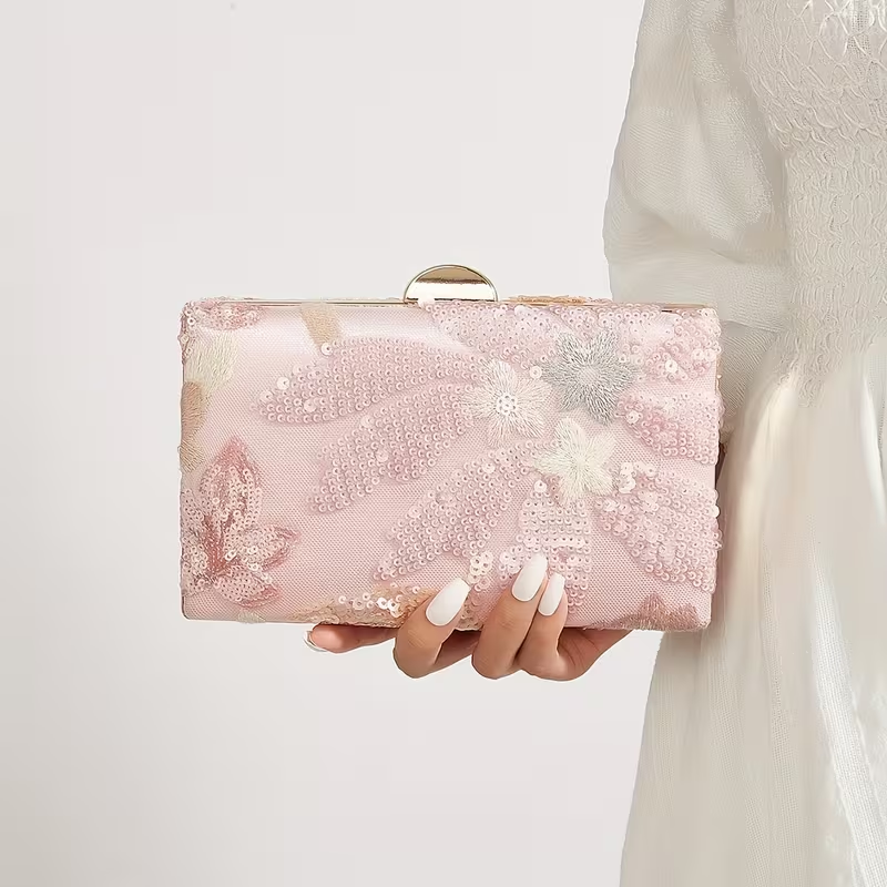 Blush Pink Sequin Floral Evening Clutch Bag