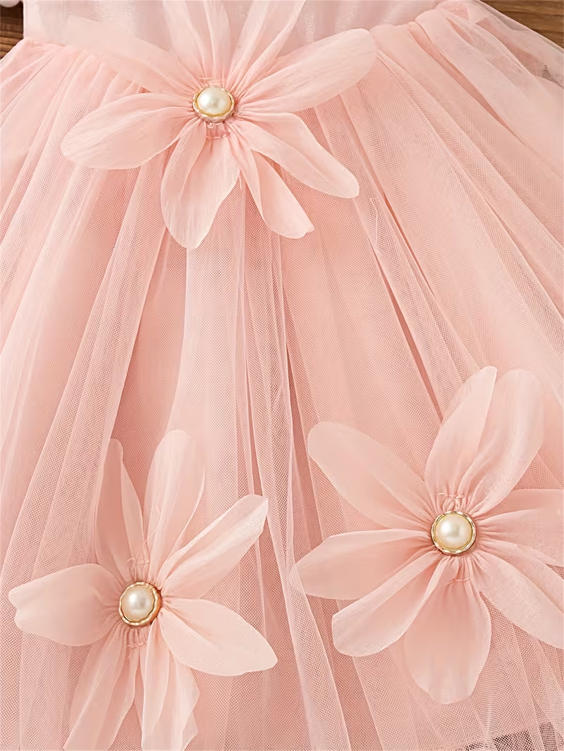 Luxury Pink Princess Dress with 3D Floral Appliqués