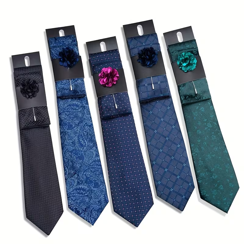 Men’s Navy Blue Floral Tie Set with Pocket Square, Lapel Flower & Tie Pin – Luxury Patterned Formal Accessories
