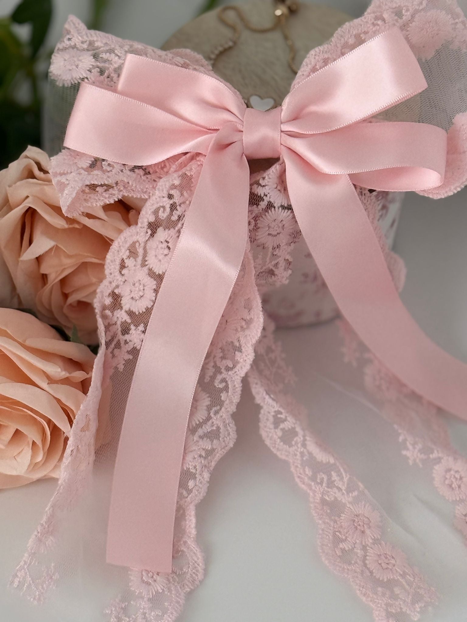Large Pink Dovetail Lace Bow with Satin Ribbon