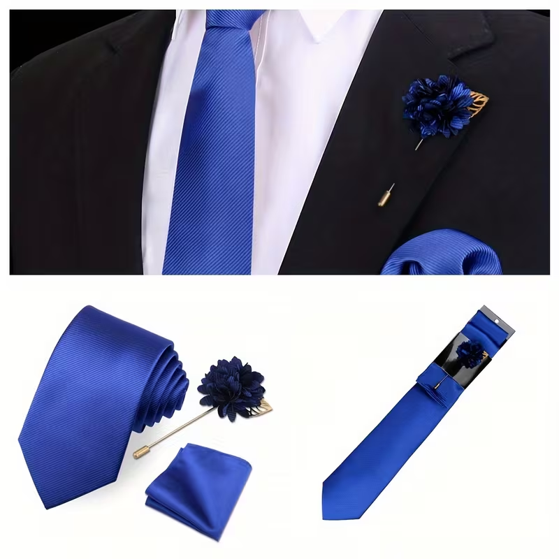 Men’s Royal Blue Satin Tie Set with Pocket Square & Lapel Flower