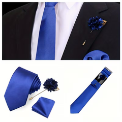 Men’s Royal Blue Satin Tie Set with Pocket Square & Lapel Flower