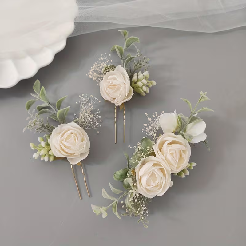3-Piece Ivory Rose Bridal Hair Pin Set
