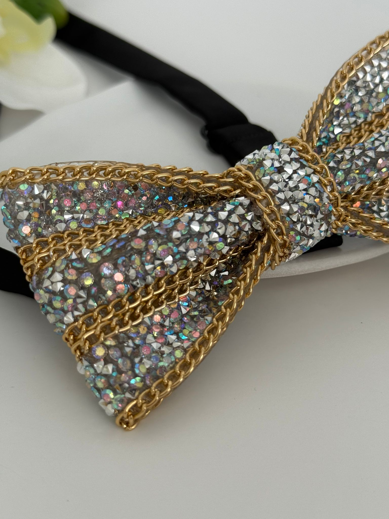 Luxury Crystal & Gold Chain Statement Bow Tie