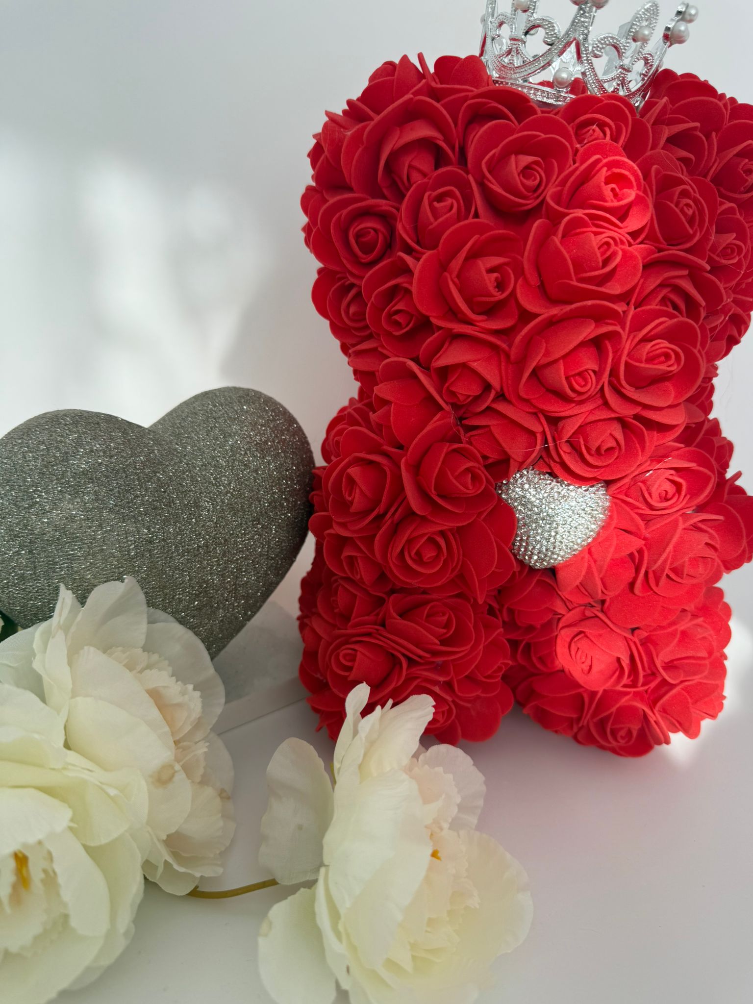 Red Rose Teddy Bear with Crown & Crystal Heart